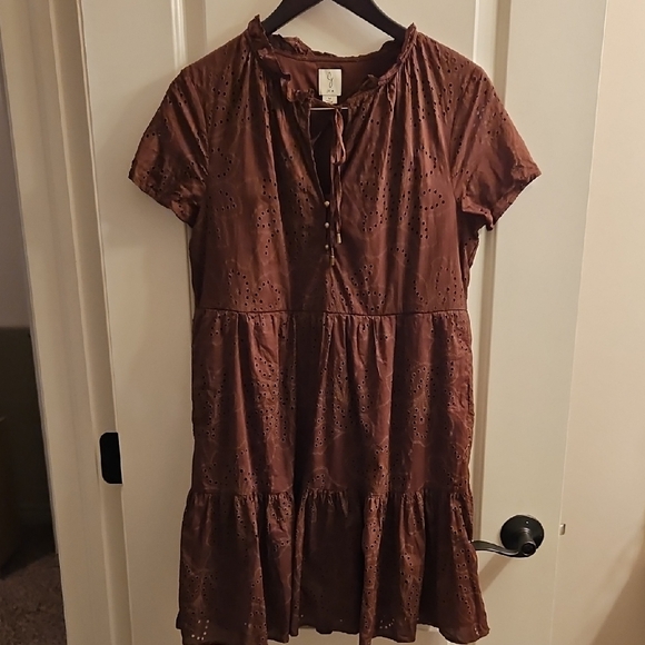 Joie Dresses & Skirts - 💕Joie | Brown Cotton Eyelet Mini Dress| W Sz M| Tiered Ruffle Boho Chic
